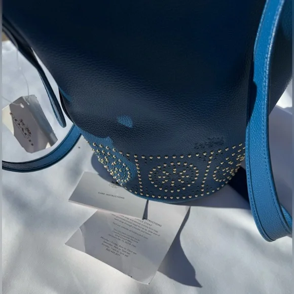 Coach Cobalt Blue Leather Studded Duffel Bucket Bag Gold Studs 2014 34506 - Picture 10 of 12